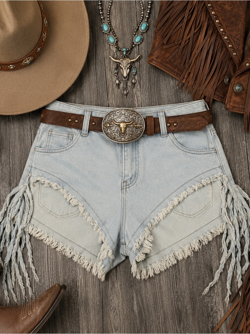 Boho Fringe Light Blue Denim High-Rise Women's Shorts
